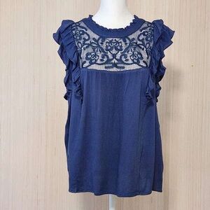 Women’s Navy Lace Yoke Ruffle Sleeve Top